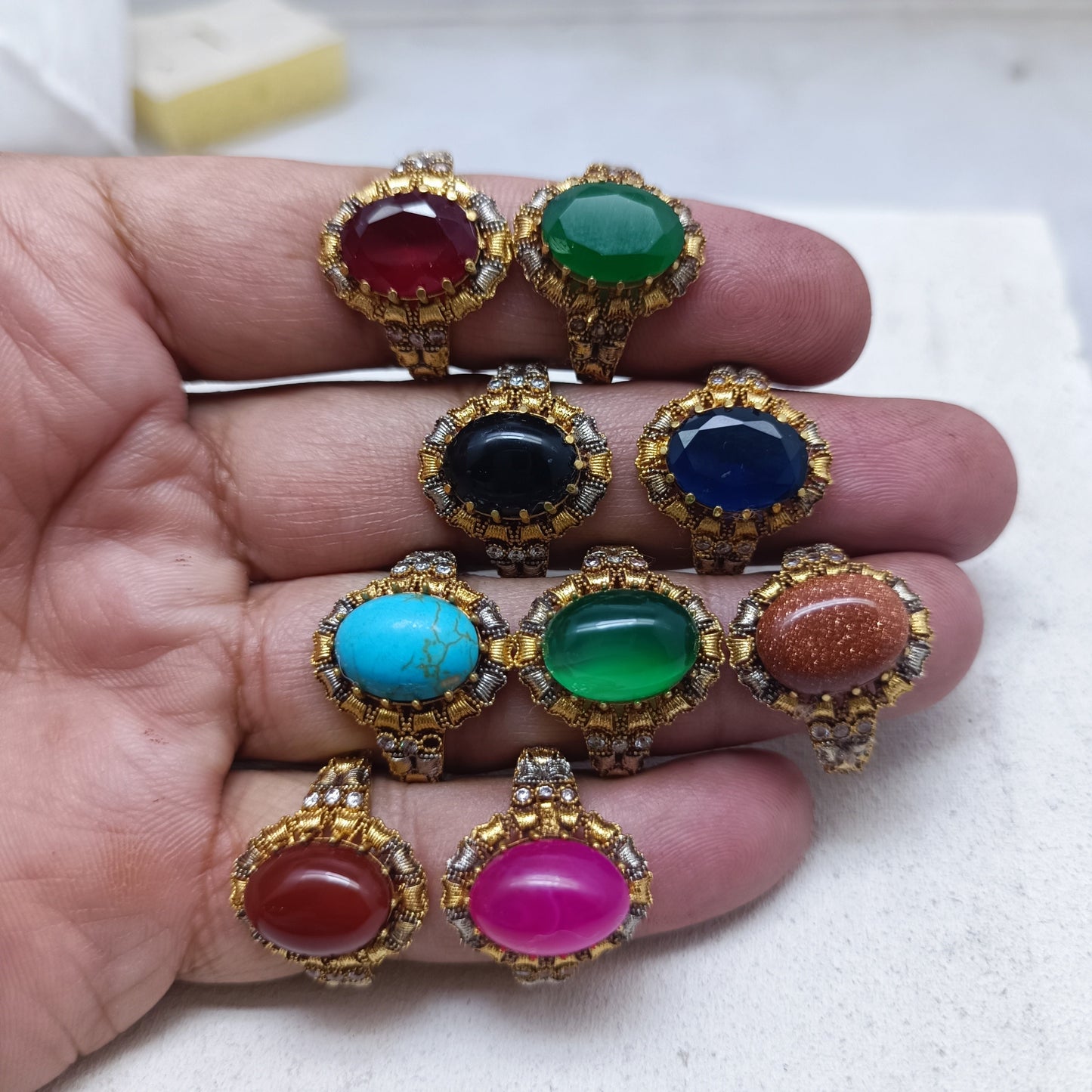 Handmade Gold Plated Gemstone Rings for Women - Multi-Color Oval Stone Statement/uk28