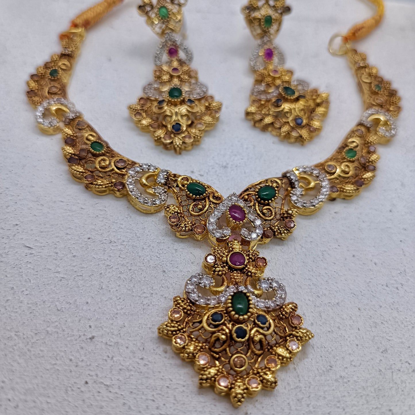 Luxury Multi-Gemstone Statement Necklace – Royal Ruby & Emerald Tones – Gold Plated Party Wear/Uk17