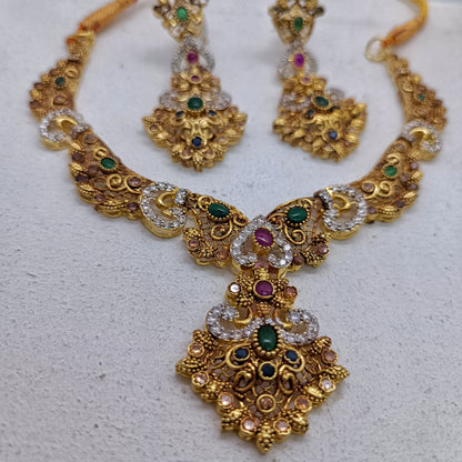 Luxury Multi-Gemstone Statement Necklace – Royal Ruby & Emerald Tones – Gold Plated Party Wear/Uk17