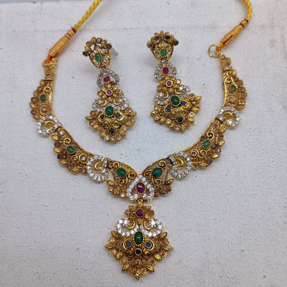 Luxury Multi-Gemstone Statement Necklace – Royal Ruby & Emerald Tones – Gold Plated Party Wear/Uk17