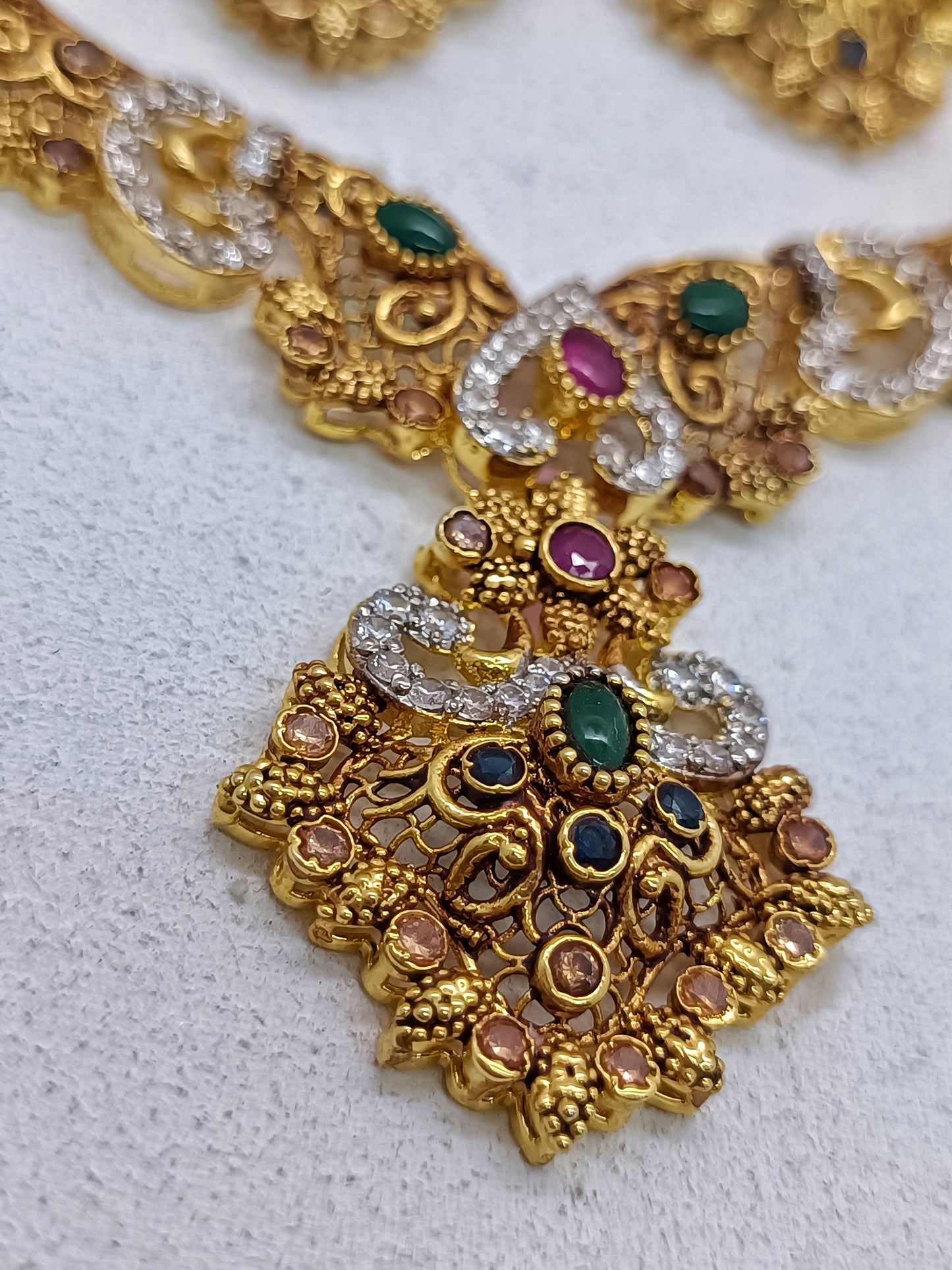 Luxury Multi-Gemstone Statement Necklace – Royal Ruby & Emerald Tones – Gold Plated Party Wear/Uk17