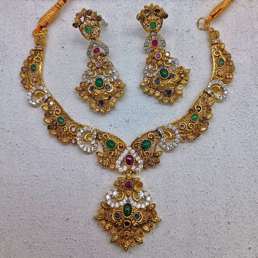 Luxury Multi-Gemstone Statement Necklace – Royal Ruby & Emerald Tones – Gold Plated Party Wear/Uk17