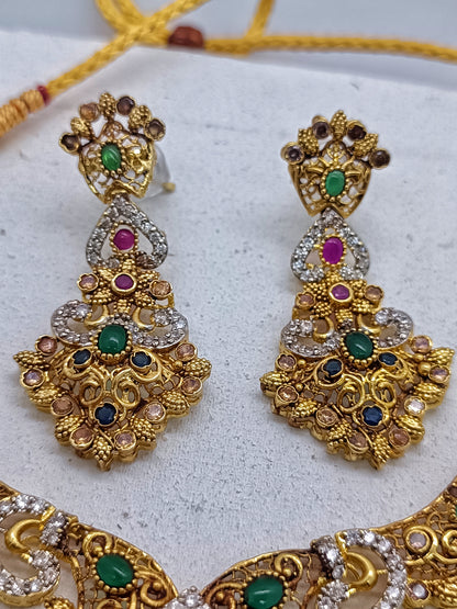 Luxury Multi-Gemstone Statement Necklace – Royal Ruby & Emerald Tones – Gold Plated Party Wear/Uk17